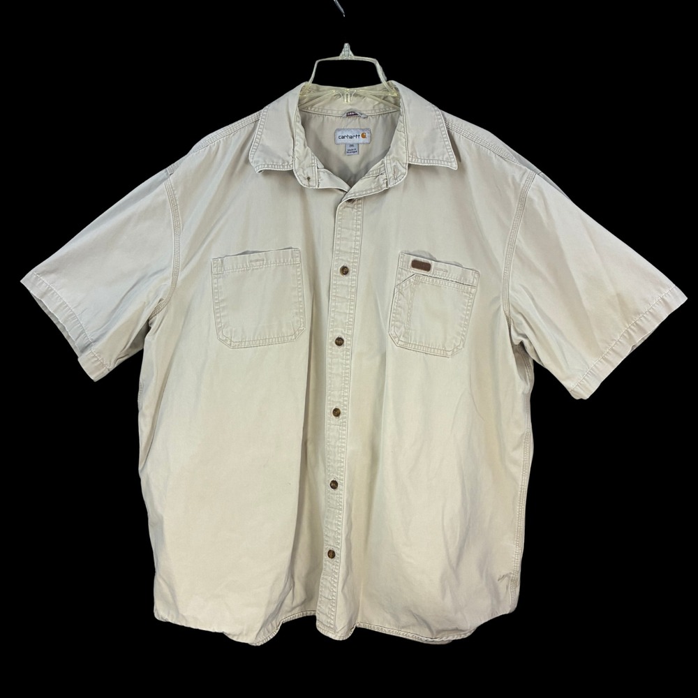 Carhartt Mens 2XL Khaki Work Shirt Short Sleeve Button Up 100% Cotton 100149 285